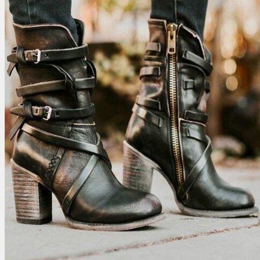 main image0Retro Ankle Boots Square Heel Round Head Zipper Large Size Spring Autumn Women s Roman Fashion