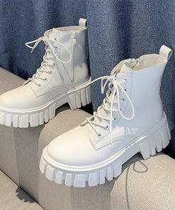 main image0Rimocy 2022 New Women White Ankle Boots PU Leather Thick Sole Lace Up Combat Booties Female