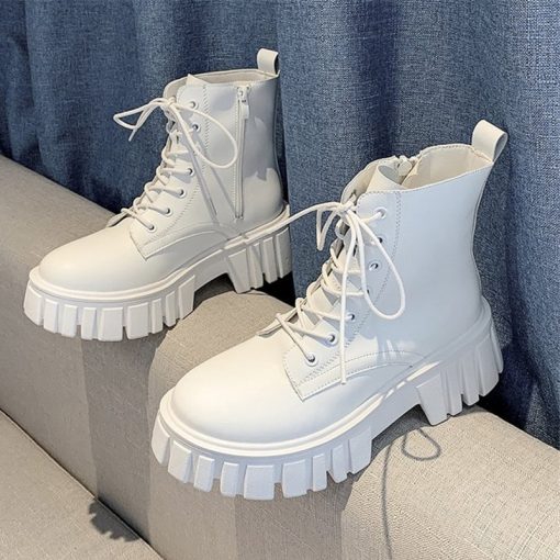 main image0Rimocy 2022 New Women White Ankle Boots PU Leather Thick Sole Lace Up Combat Booties Female