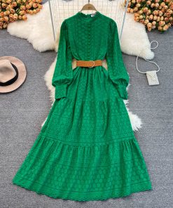 main image0Runway 2022 Spring Embroidery Long Dress Women White Black Green Hollow Out Single Breasted Long Sleeve
