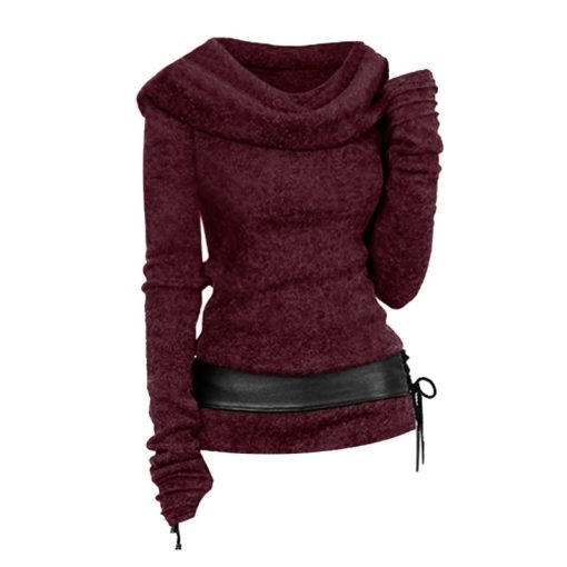 main image0S 2XL Hooded Cowl Front Belted Lace Up Sweater Women Knitwear For Fall Winter Fashion Hoodie