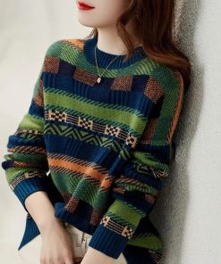 main image0Sweater Autumn Winter New Personality Contrast Color Striped Round Neck Long sleeved Loose Pullover Knitted Top