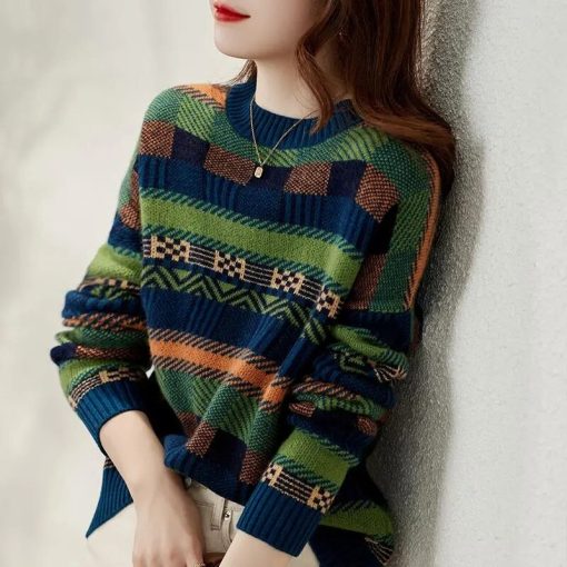 main image0Sweater Autumn Winter New Personality Contrast Color Striped Round Neck Long sleeved Loose Pullover Knitted Top
