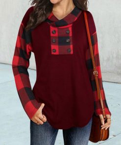 main image0Sweatshirt Top Hooded Patchwork Keep Warm Long Sleeve Autumn Casual Loose Plaid Printing Women Hoodie Pullover