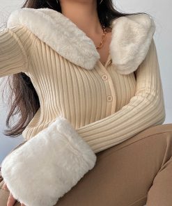 main image0TVVOVVIN Winter Removable Rabbit Fur Collar Long Sleeve Screw Thread Knitting Short Cardigan Sweater For Women