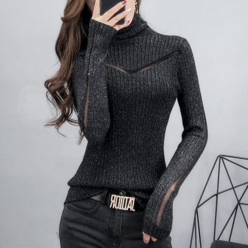 main image0Turtleneck Sweater Slim Female Sexy Long Sleeved Perspective Net Yarn Splicing Knitwear Bright Pull Ladies Sweaters