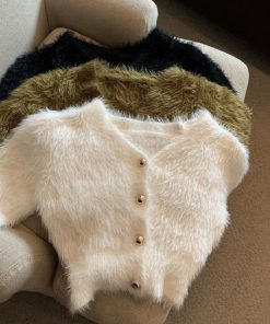 main image0V Neck Cropped White Mohair Knitted Cardigan Retro Casual Lazy Oversized Sueters Sweaters for Women Solid