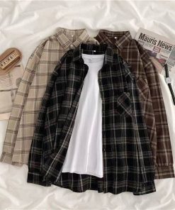 main image0Vintage Plaid Shirts Women Autumn Long Sleeve Oversize Button Up Shirt Korean Fashion Casual Fall Outwear
