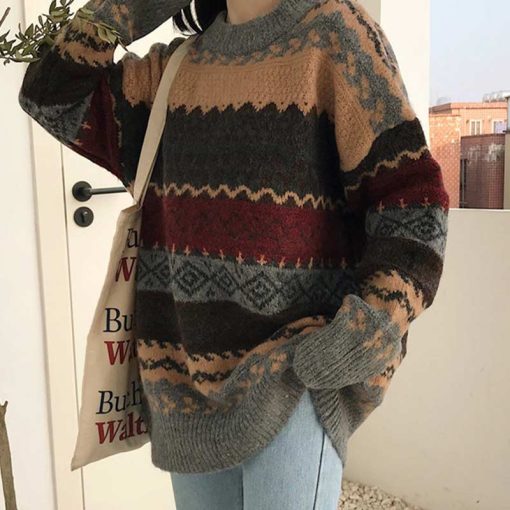 main image0Vintage Sweaters Women Pullover Winter Striped Jumpers Korean Style Loose Pullover Knitwear Casual Loose Sweater Pull
