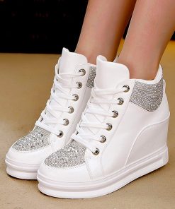 main image0Wedge Heels Shoes For Women Big Size 43 Leather Casual Shoes White Black Rhinestones High Top