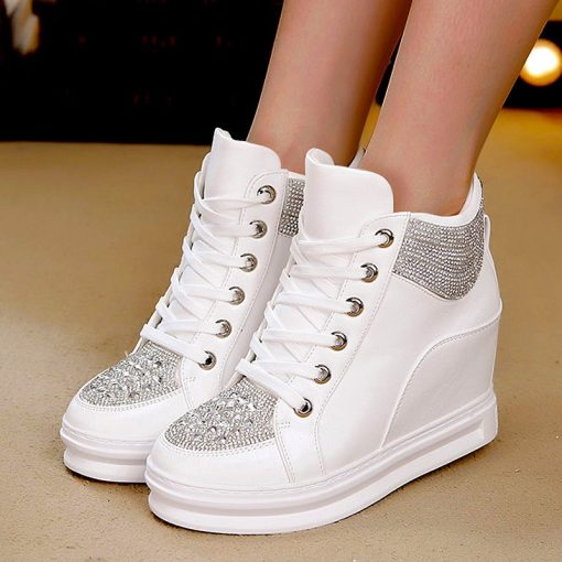 main image0Wedge Heels Shoes For Women Big Size 43 Leather Casual Shoes White Black Rhinestones High Top