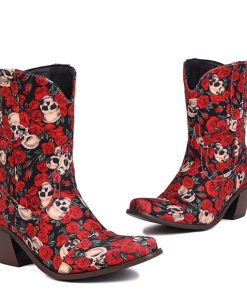 main image0Western Boots For Women Ankle Short Boots Flower Print Fashion Chunky Heel Slip On Vintage Cowboy