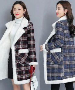 main image0Winter Korean Plus velvet Thicken Women s Jacket Warm Loose Plaid Long Outerwear Faux Lamb velvet
