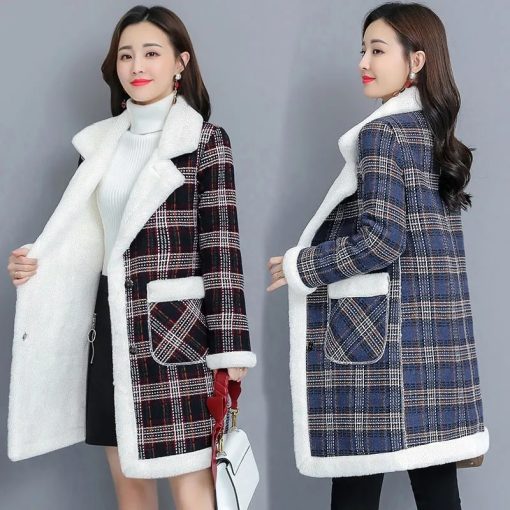 main image0Winter Korean Plus velvet Thicken Women s Jacket Warm Loose Plaid Long Outerwear Faux Lamb velvet