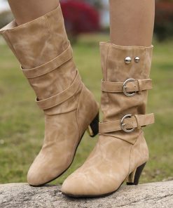 main image0Winter Women Boots Retro Pu Leather Buckle Slip On Mid Calf Boots Ladies Casual Solid Color