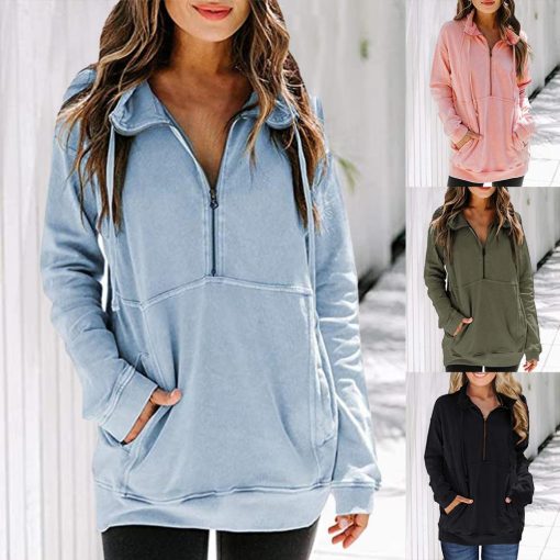 main image0Women Half Zipper Sweatshirt Comfy Sporty Solid Color Large Pocket Sweatshirt Lady Splicing Top Solid Color