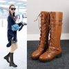 main image0Women Knee High Snow Boots Vintage Lace Up Steampunk Leather Retro Buckle Flat Shoes For Autumn