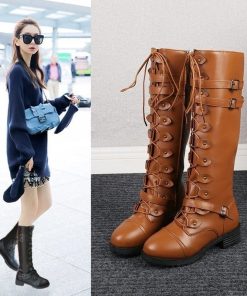 main image0Women Knee High Snow Boots Vintage Lace Up Steampunk Leather Retro Buckle Flat Shoes For Autumn