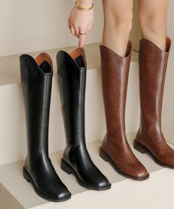 main image0Women Knee high Boots Genuine Leather Natural Leather Ladies Bootie Autumn and Winter Velvet Western Boots