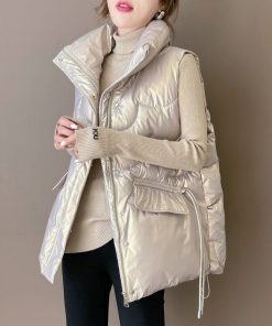 main image0Women Stand Collar 2022 New Short Bright Color Cotton Padded Jacket Sleeveless Female Winter Waistcoat Coat