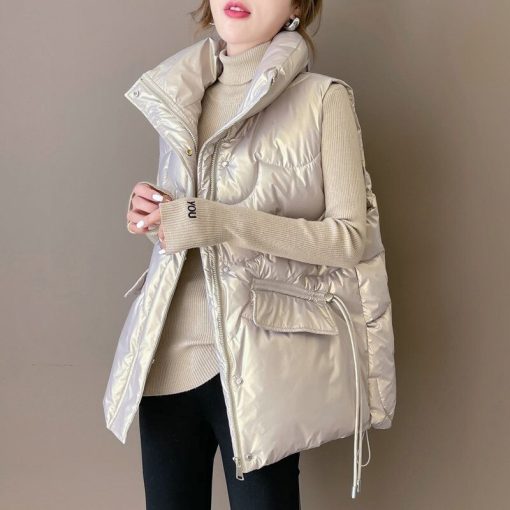 main image0Women Stand Collar 2022 New Short Bright Color Cotton Padded Jacket Sleeveless Female Winter Waistcoat Coat
