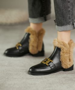 main image0Women Winter Boots Real Leather Women Fluffy Flat Booties Ladies Metal Buckles Furry Shoes Warm Rabbit