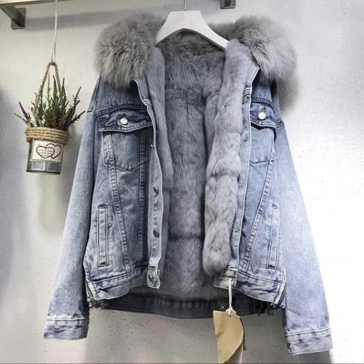 main image0Women Winter Warm Basic Coat Big Fur Collar Denim Jacket Female Cold Motorcycle Jackets Outerwear Fleece