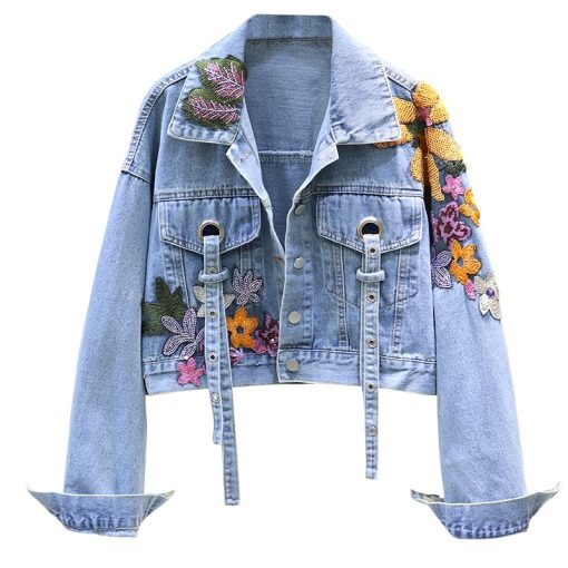 main image0Women jeans Jacket feminine Spring Autumn Sequin Floral Embroidery Denim Jackets Coat Female Short Long Sleeve