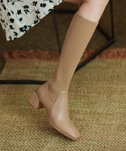 main image0Women s High Heel Boots 2022 Autumn Winter Fashion Knitting Stretch Boots Women Retro Long Boots