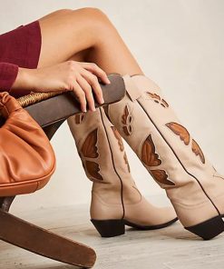 main image0Womens Cowboy Cowgirl Mid Calf Boots Butterfly Embroidered Pointed Toe Stacked Heel Autumn Winter Slip On