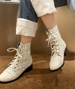 main image0ZawsThia Winter Autumn Round Toe Square Heels Lace up Tweed Checked Plaid Luxury Martin Women Ankle
