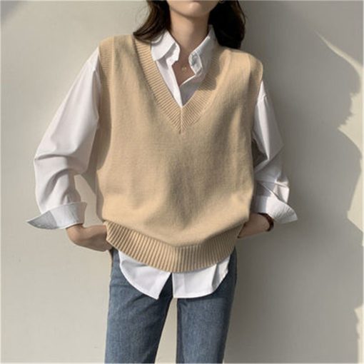 main image11PCS Women Black Sweater Vest Autumn and Winter Korean Loose Black V neck Knitted Vest Sleeveless