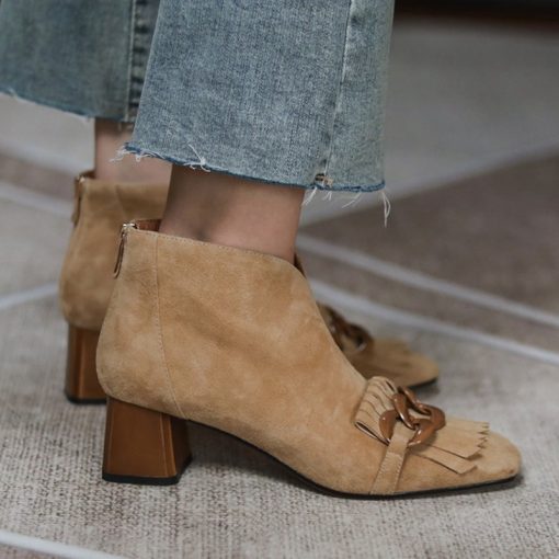 main image12021 Autumn Winter Women Boots Sheep Suade Round Toe Square Heel Mid Heel Ankle Boots Fringed