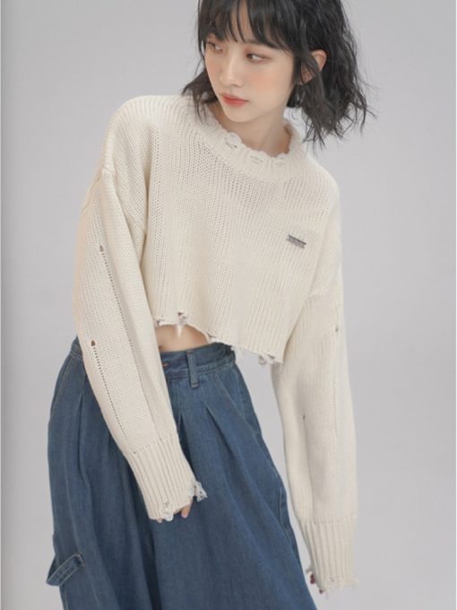 main image12022 Autumn Winter Korean Fashion Women Crop Tops Long Sleeve O Neck Sweater Solid Color Knitwear