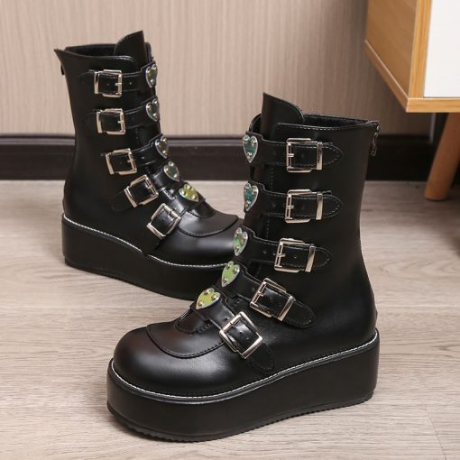 main image12022 Hot Brand INS Demonias Shoes Platform Heart Buckle Wedges High Heels Motorcycle Mid Calf Boots