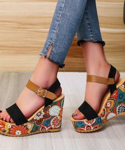 main image12022 Summer Wedge Sandals for Women Retro Ethnic Print Platform Shoes Ladies Casual Ankle Buckle Comfortable