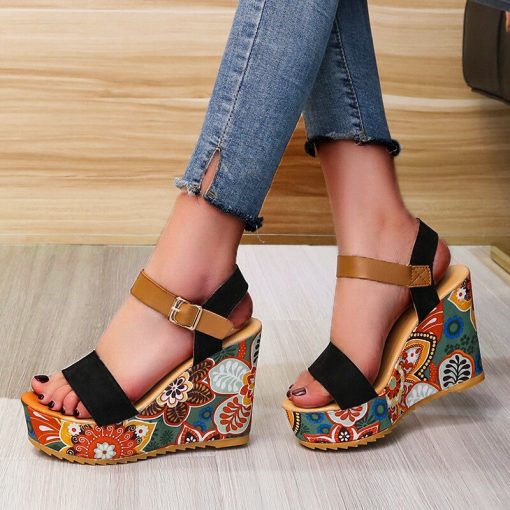 main image12022 Summer Wedge Sandals for Women Retro Ethnic Print Platform Shoes Ladies Casual Ankle Buckle Comfortable