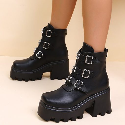 main image12022 Winter New Boots Warm Plush Gothic Side Zip Thick Sole Punk High Heels Ankle Boots