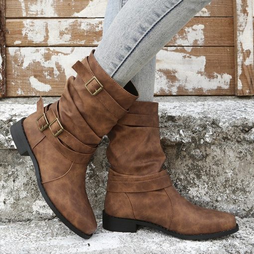 main image12022 Women Boots Leather Round Toe Retro Buckle Mid Calf Boots Fashion Low Heel Motorcycle Booties