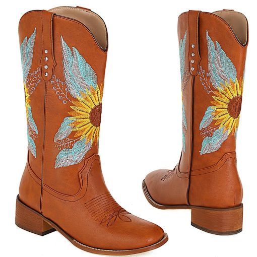 main image1AOSPHIRAYLIAN Vintage Cowboy Western Winter Boots For Women 2022 Sun Flower Embroidery Sewing Floral Women s