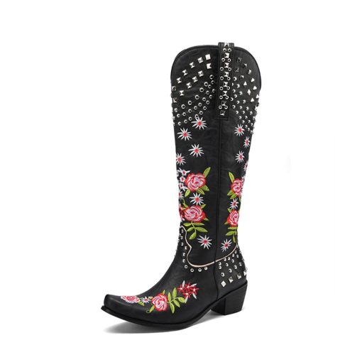 main image1AOSPHIRAYLIAN Western Cowboy Sewinig Floral Boots For Women 2022 Lace Studded Cowgirl Retro Vintage Embroidery Women