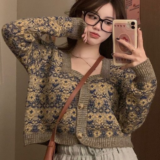 main image1Autumn Sexy Retro Square Floral Cropped Cardigan Knitted Top Slim Pull Femme Jumpers Single breasted Jacquard