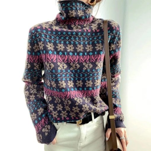 main image1Autumn Winter Turtleneck Sweater Women s Fashion New Jacquard Long sleeved Pullover Commuter Knitted Top Female