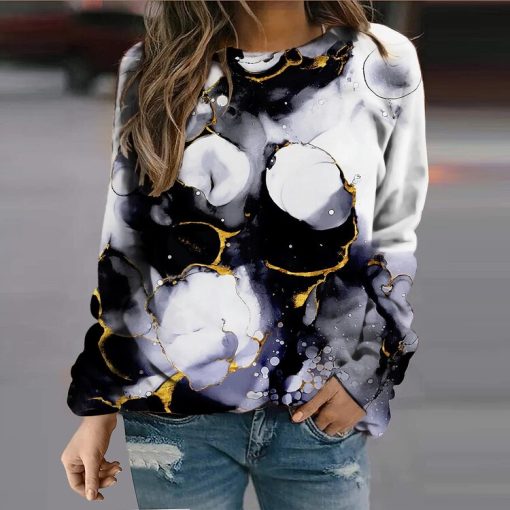 main image1Autumn Winter Women s Round Neck Retro Top New Design Printed Pullover Simple Style Tee Shirt