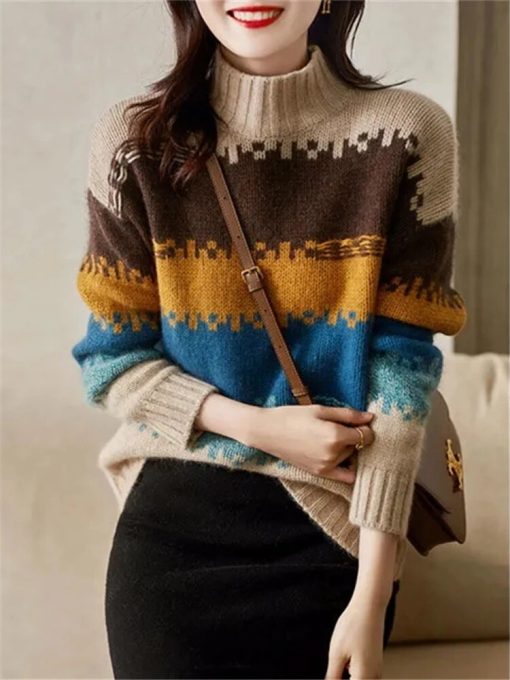 main image1Autumn and Winter New Sweater Women s Half Turtleneck Rainbow Striped Knitted Top Pullover Loose Fashion