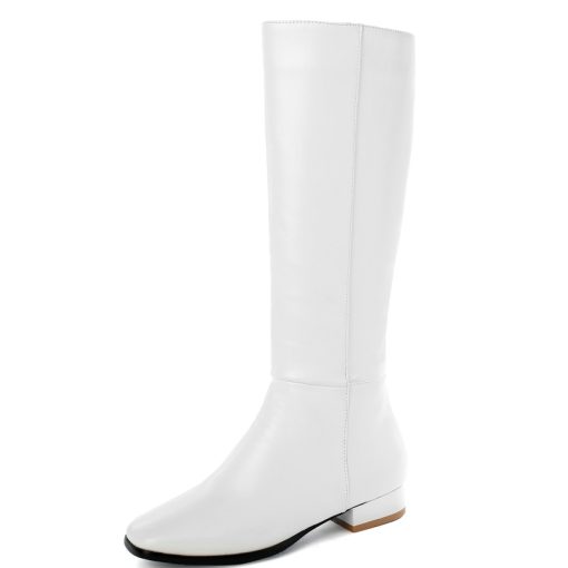 main image1Black White Women Knee High Boots Comfortable Square Heel Round Toe Calf Boots Side Zipper Short