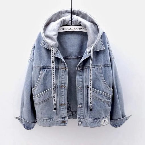 main image1Blue Deconstructable Hooded Turn down Collar Denim Jacket Women Loose Button Patchwork Outwear Jean Coat Female
