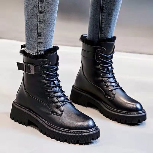 main image1British Leather Womens Boots 2022 Winter New Black Thick heeled Platform Fashion Women s Shoes Plus