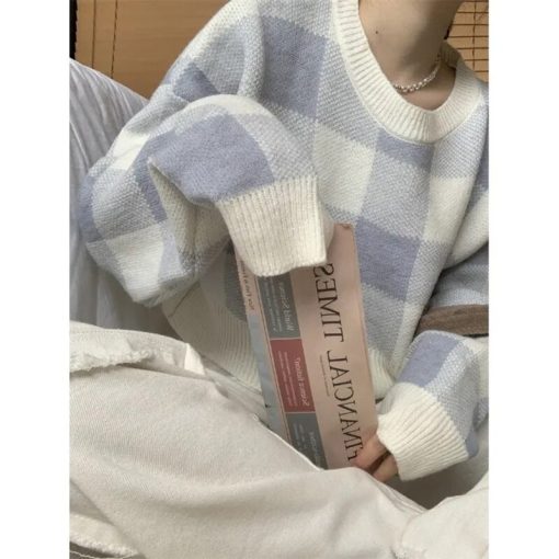 main image1Cropped Sweater Korean O neck Plaid Printing Preppy Style Pullover Sweater Women Simple Sweet Sweaters For