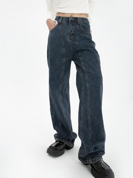 main image1Dark Blue Womens Jeans High Waist Vintage Straight Baggy Denim Pants Streetwear American Style Fashion Wide